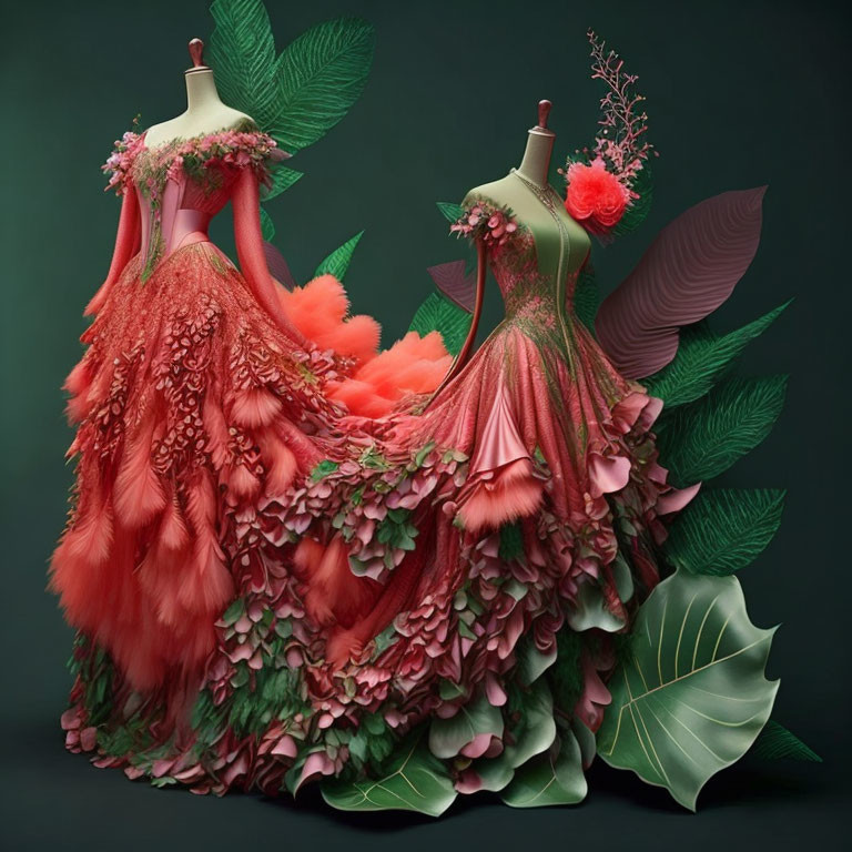 Elaborate mannequin dresses with intricate floral patterns and lush green textures