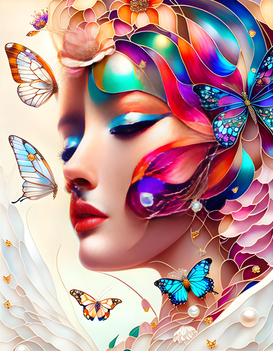 Colorful digital art: Woman's profile with vibrant rainbow hair and butterflies