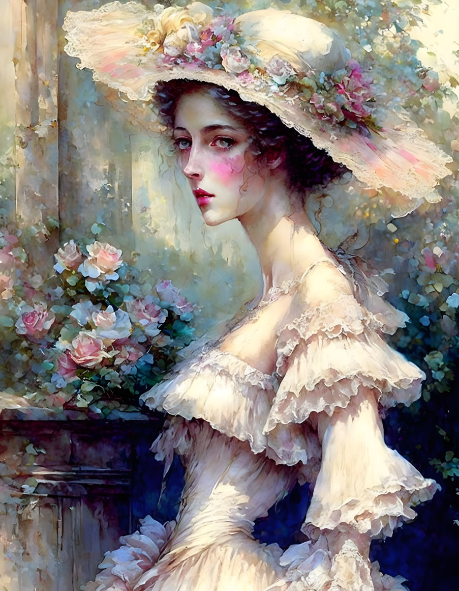 Young woman in floral hat and ruffled dress in romantic vintage painting