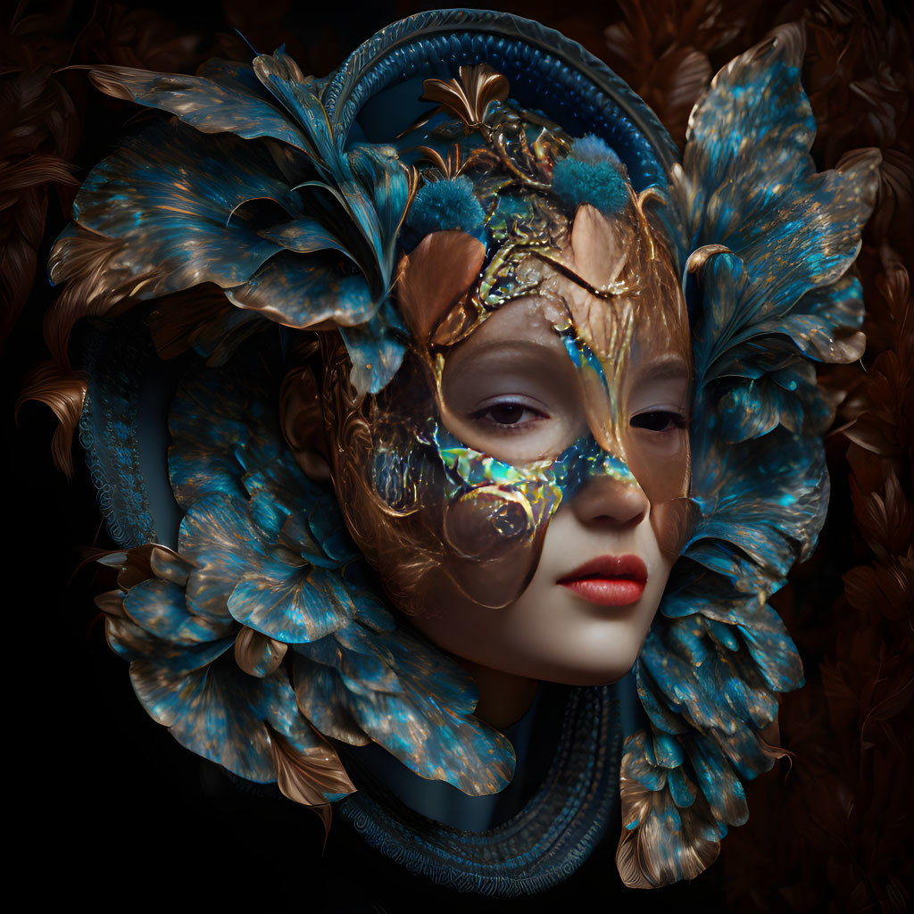 Iridescent blue feather and golden leaf headpiece with intricate patterns on serene face.