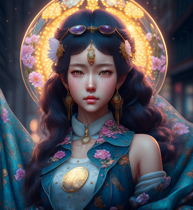 Dark-Haired Female Character with Golden Accessories and Flower Halo