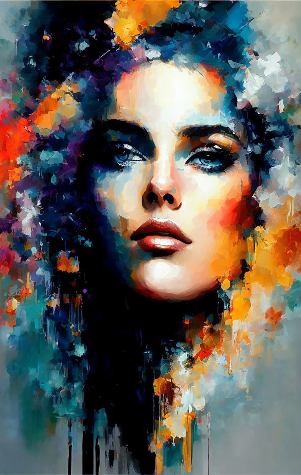 Abstract painting: Woman's face with intense blue eyes and colorful brush strokes