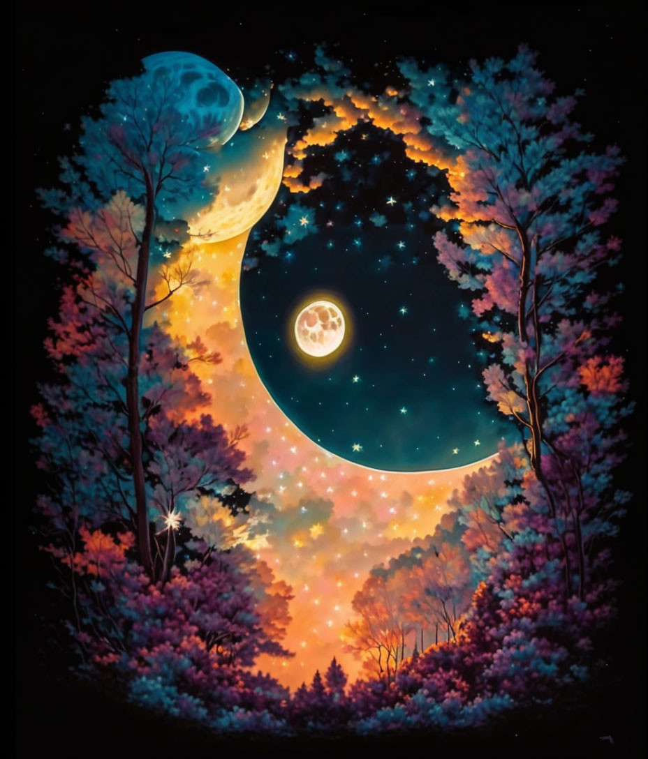 Night scene artwork with two crescent moons in starry sky and silhouetted trees.