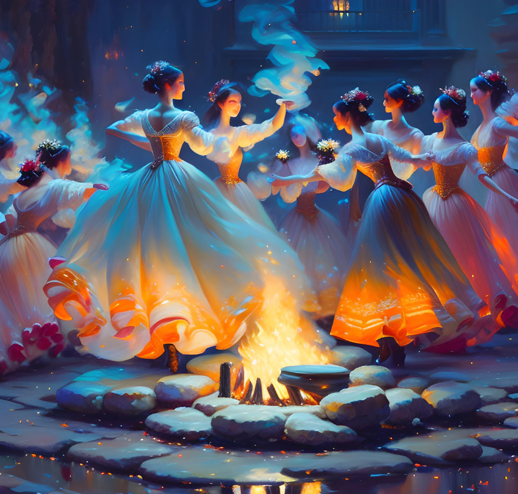 Traditional dance performance by dancers in white dresses around a glowing bonfire at dusk in forest