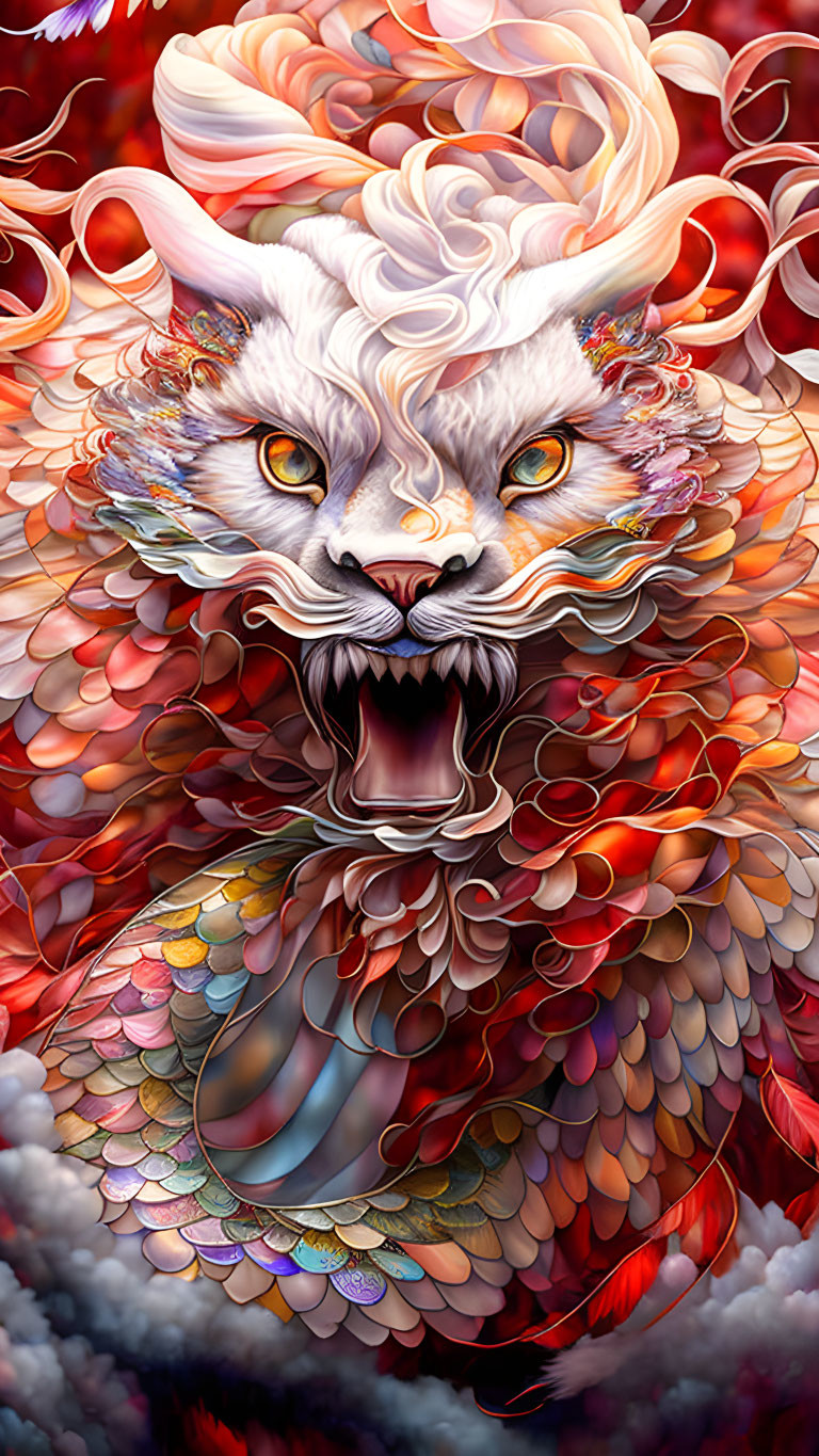 Colorful Mythical Feline Creature with Feather-Like Scales Roaring in Fiery Background