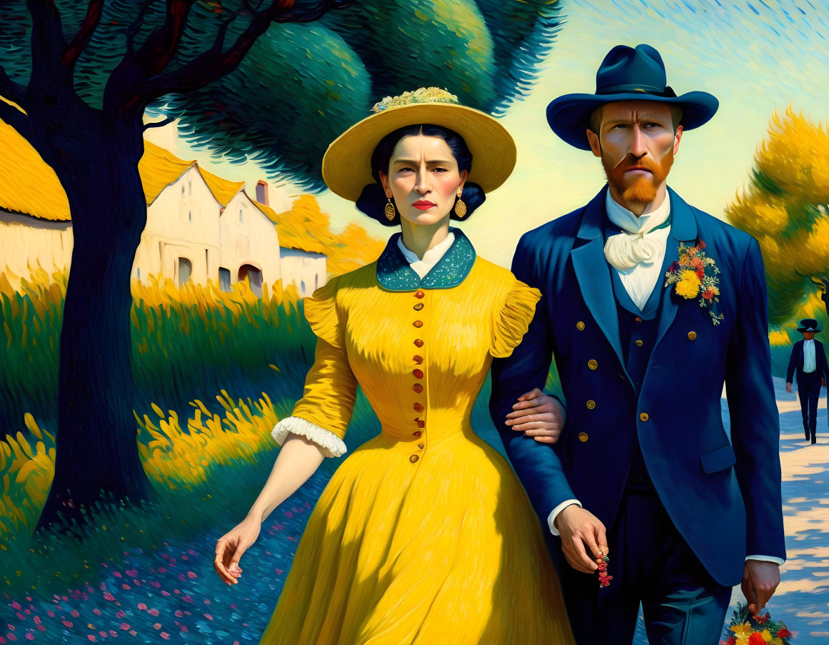 19th-Century Couple Painting on Vibrant Yellow Path