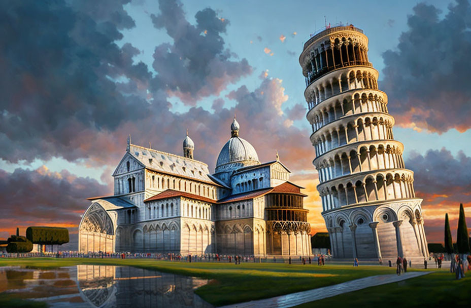 Historic Leaning Tower of Pisa and Cathedral at Sunset