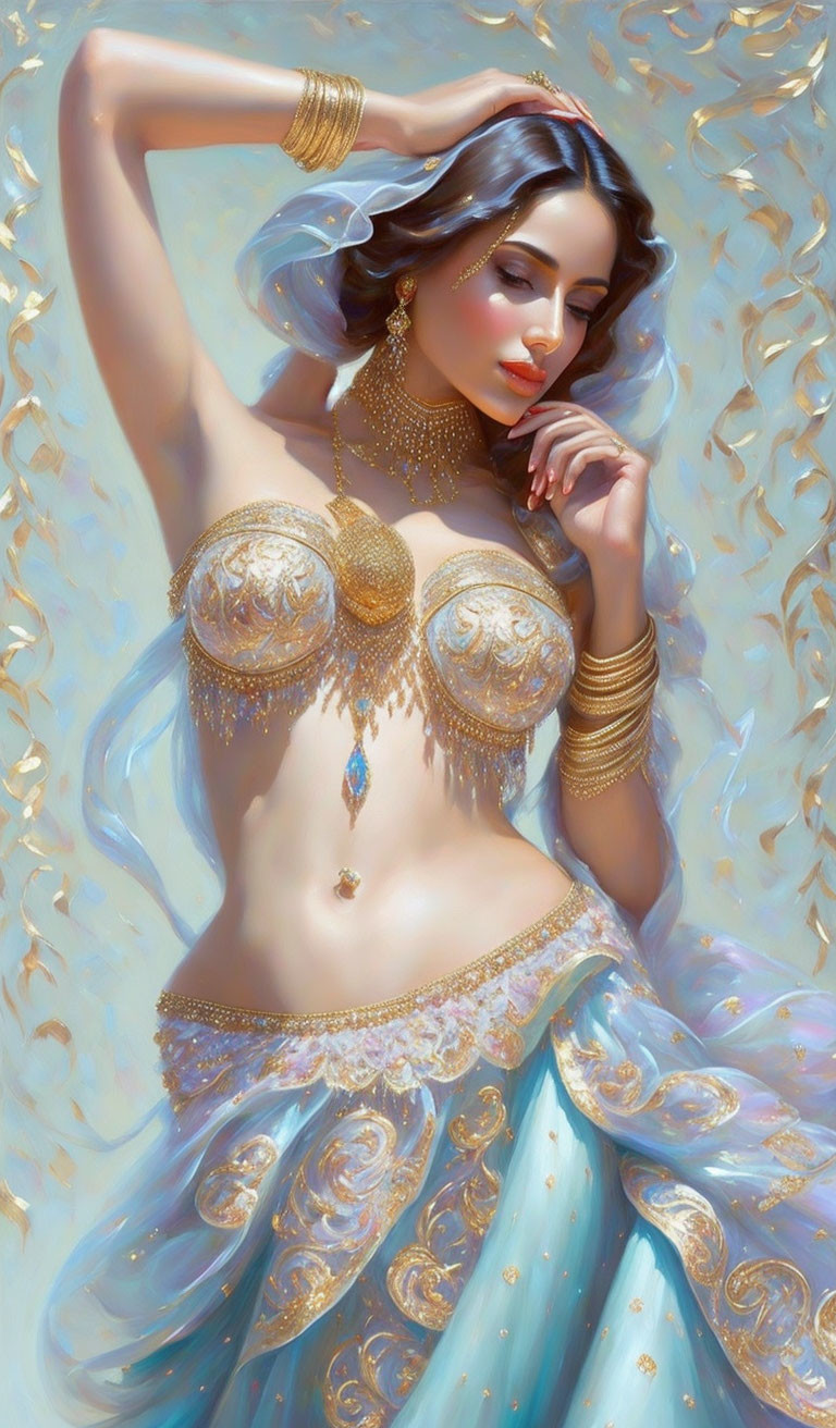 Illustration of woman in blue outfit with jewelry against golden swirl backdrop