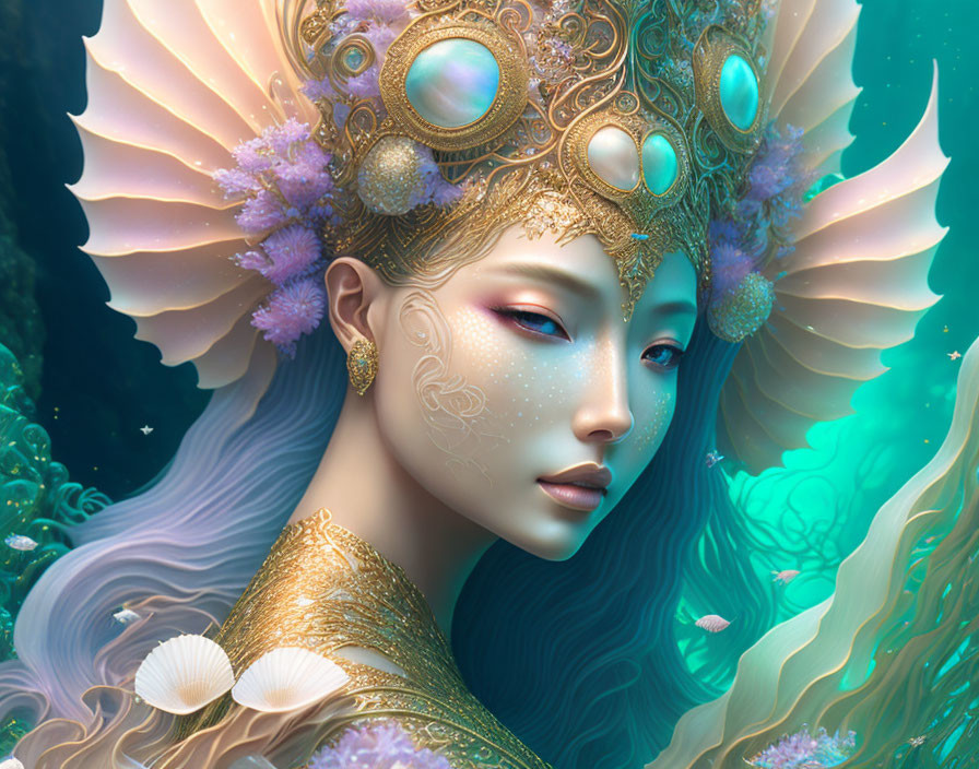 Ethereal being with golden crown and undersea motifs