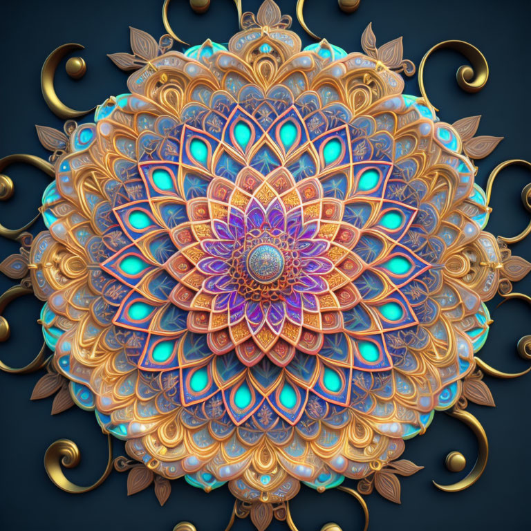 Detailed Ornate Mandala with Gold, Blue, and Orange Patterns on Dark Blue Background