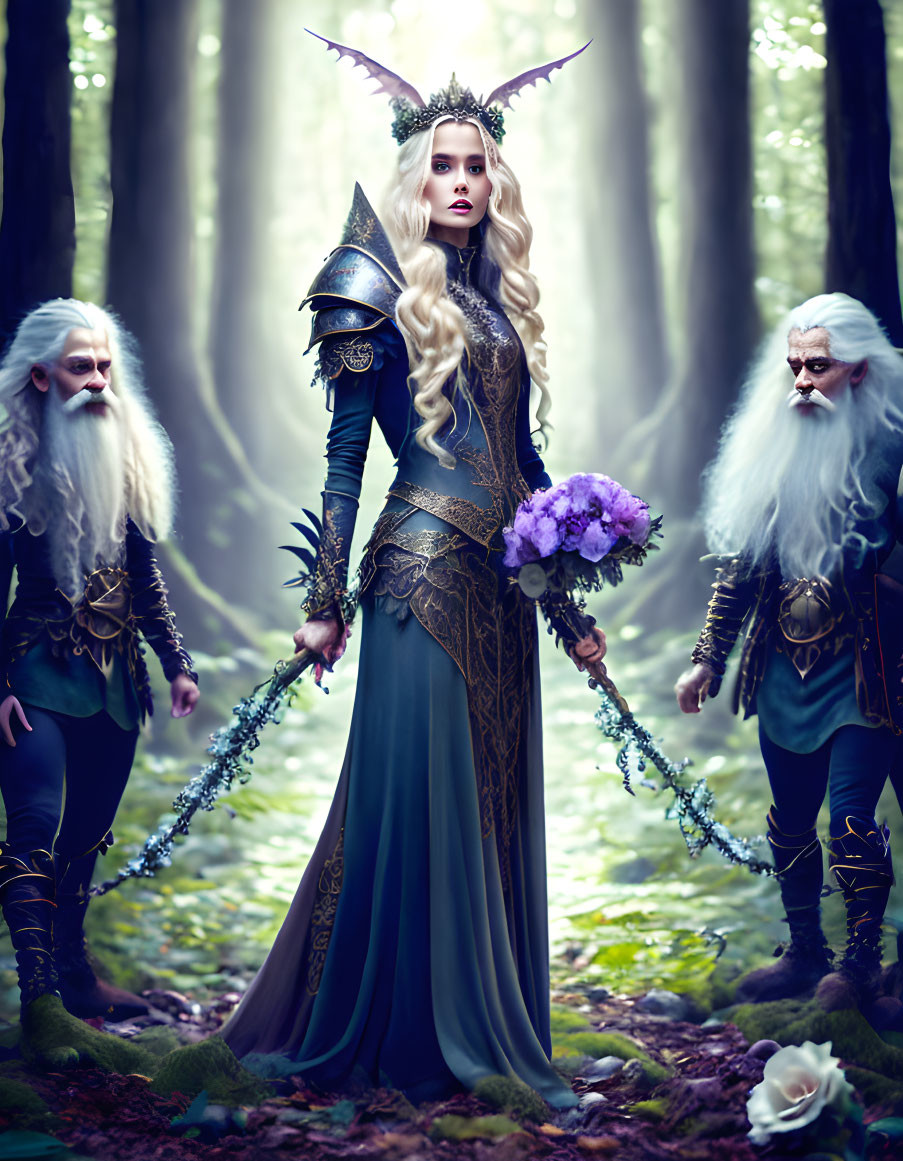 Regal woman in fantasy armor with two bearded figures in ornate robes in mystical forest