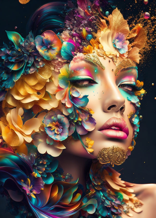 Vibrant floral elements on a woman's face with gold splashes