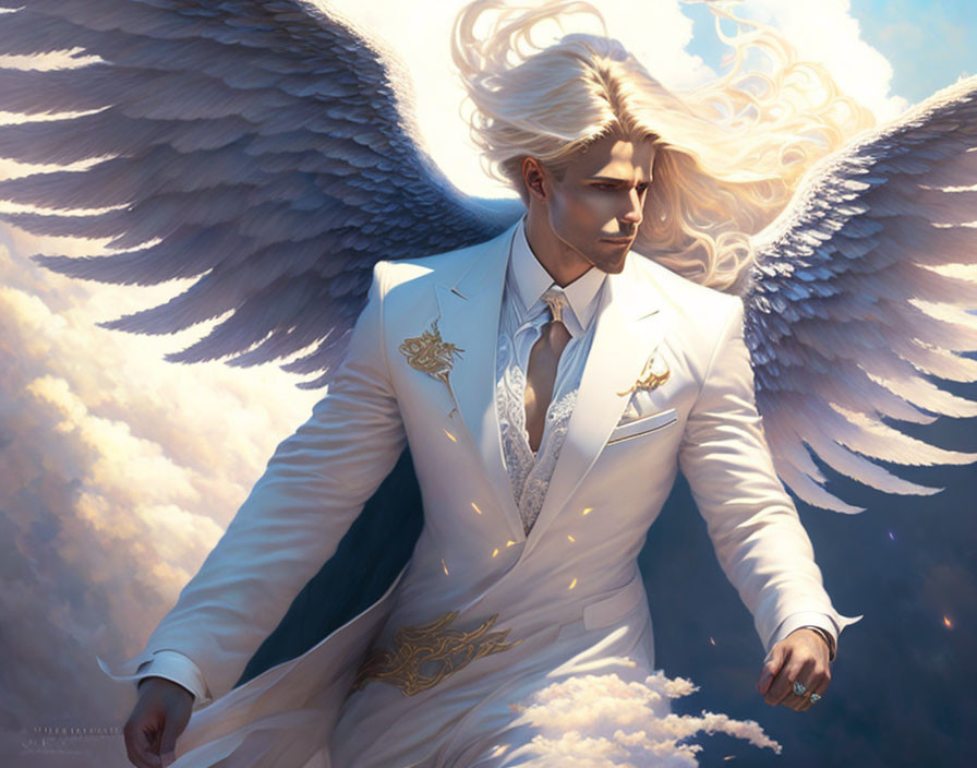 Angelic figure with large white wings and golden hair in ornate white suit against cloudy blue skies