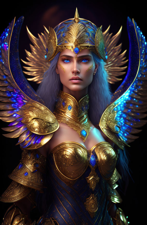 Fantasy female warrior digital artwork with blue eyes and golden armor