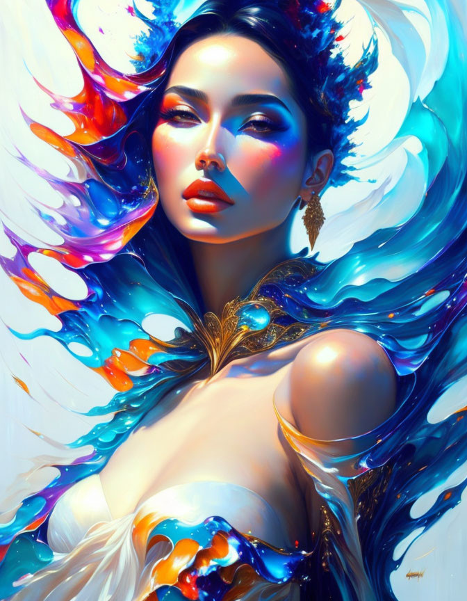 Colorful digital portrait of a woman with multicolored hair and feathers, adorned with gold accents.