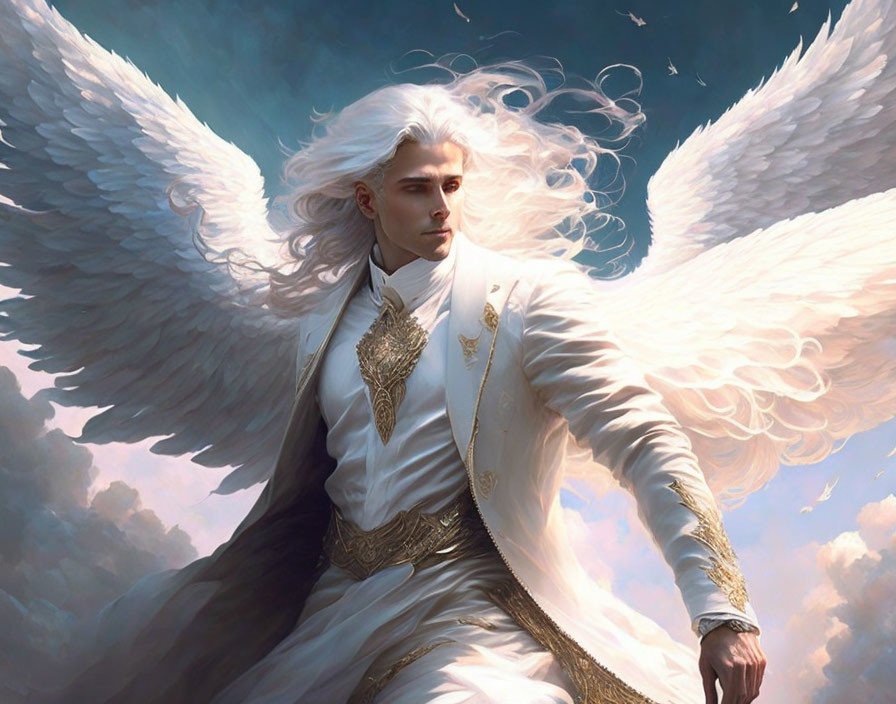 Male angel with large white wings in elegant white coat against cloudy sky