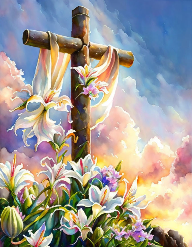 Wooden cross with white cloth and lilies under colorful sky