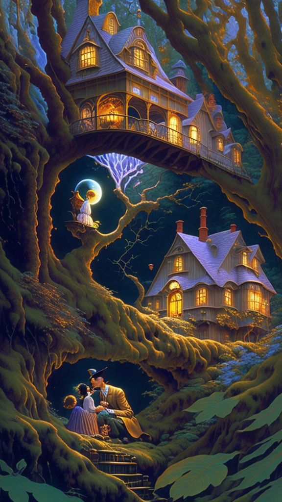 Victorian-era people under illuminated tree with whimsical houses in fantasy artwork