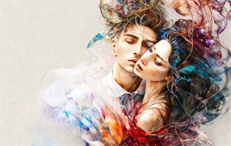 Man and woman in digital artwork surrounded by vibrant swirling colors