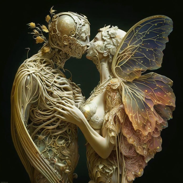 Intricate sculpture of humanoid and winged figure embrace