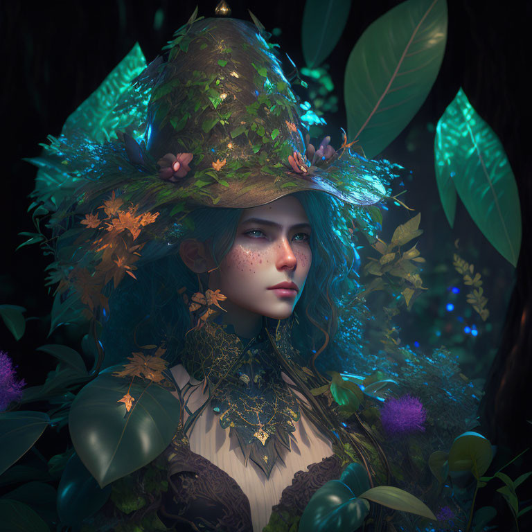 Mystical lady with leafy hat in lush foliage and glowing lights