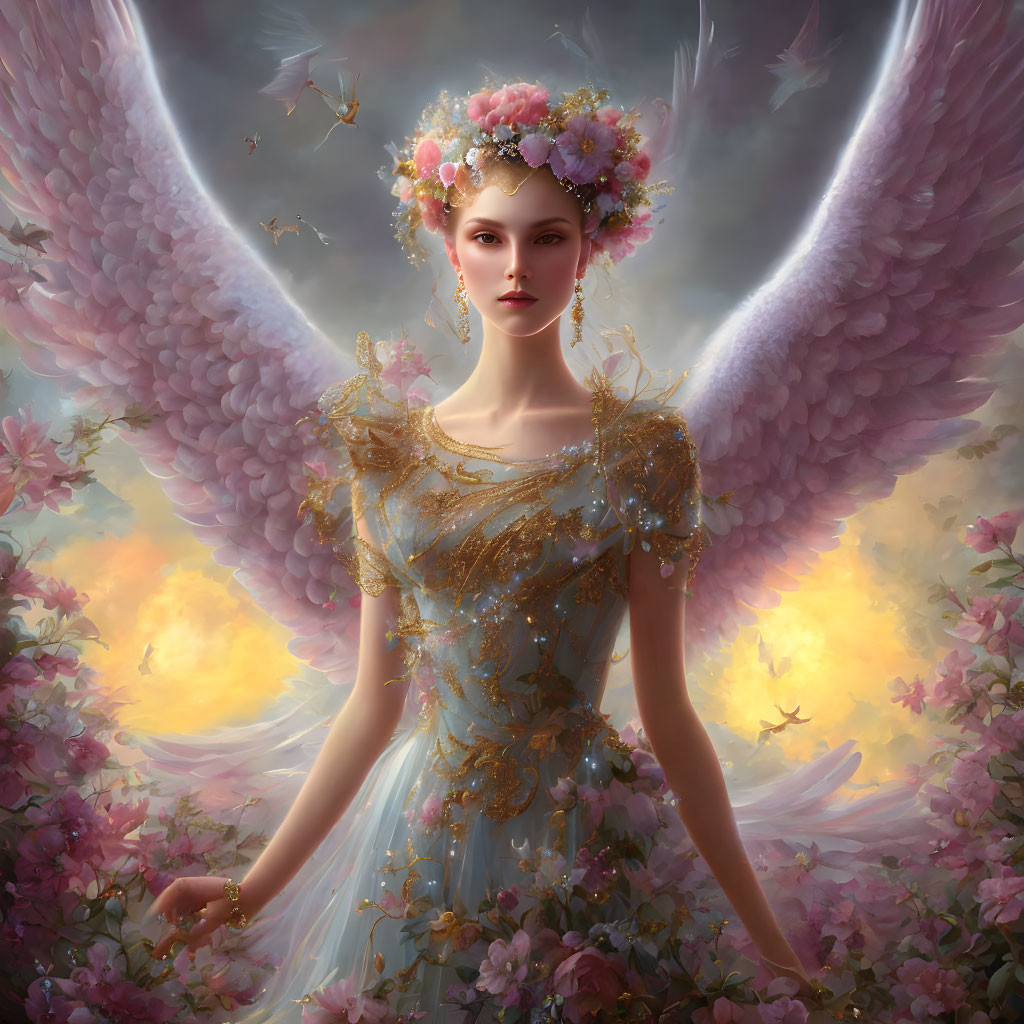 Ethereal figure with angelic wings in golden crown among pink flowers