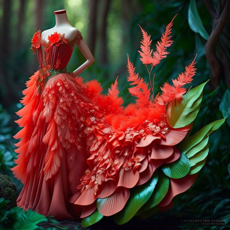 Red Floral and Feather Detail Dress on Mannequin in Forest Setting