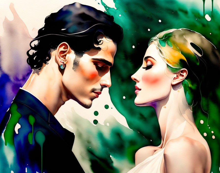 Profile view of a dark-haired man and a blonde woman against colorful abstract backdrop