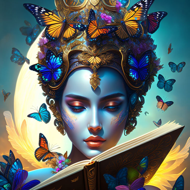 Serene woman with decorative headdress reading magical book