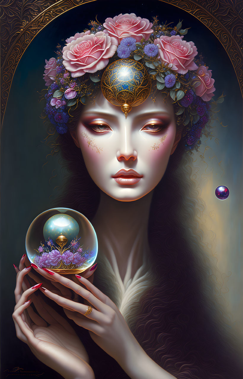 Surreal portrait of woman with floral crown and miniature landscape sphere