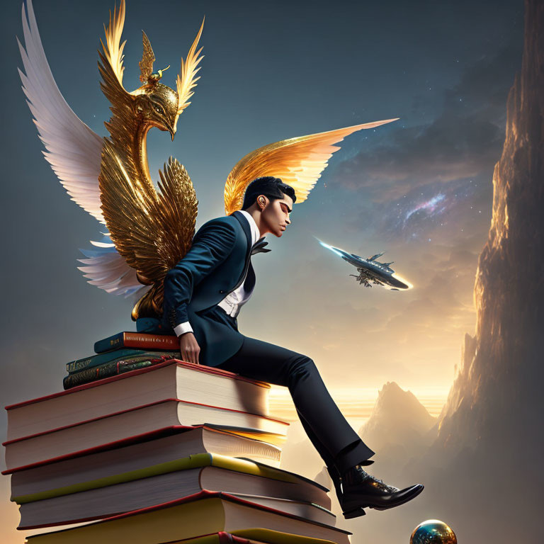 Man in suit with golden wings on book stack gazes as plane flies by in surreal landscape