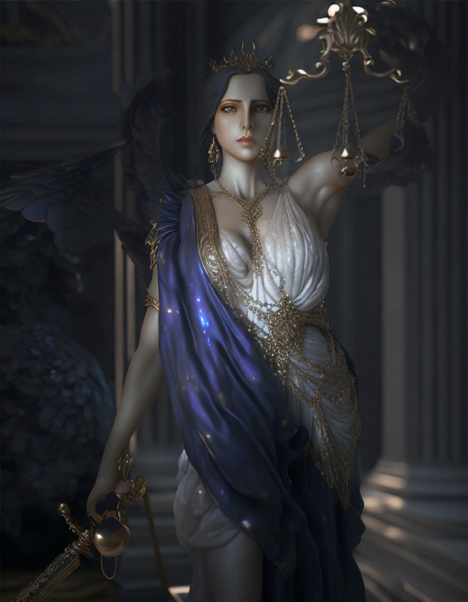 Golden-winged figure in blue gown with sword and scales symbolizing justice