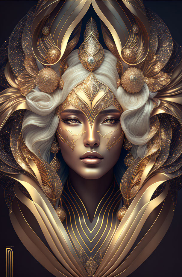 Stylized portrait of woman with ornate gold and white headpiece