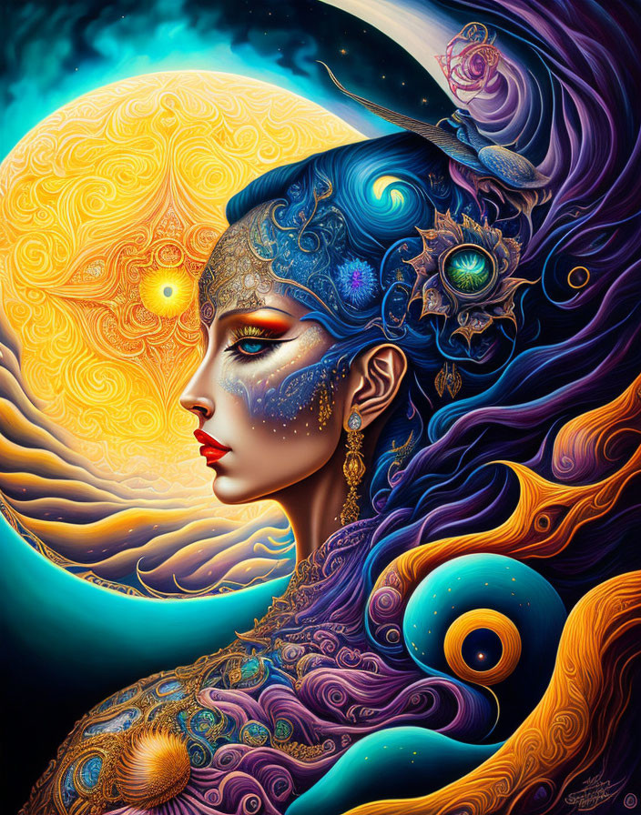 Fantasy illustration of woman with celestial and oceanic motifs