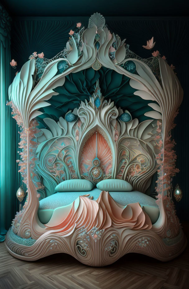 Intricate Baroque-Style Bed with Teal Walls and Shell Headboard