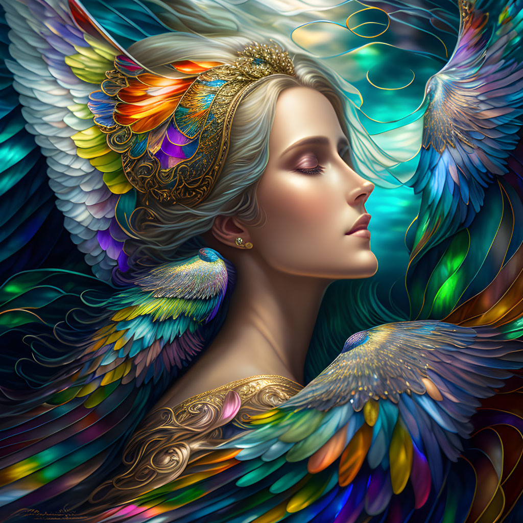 Serene woman with golden headpiece and vibrant wings