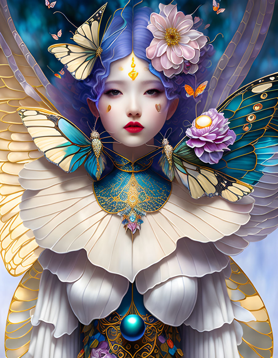 Fantasy illustration of female figure with butterfly wings and pastel colors