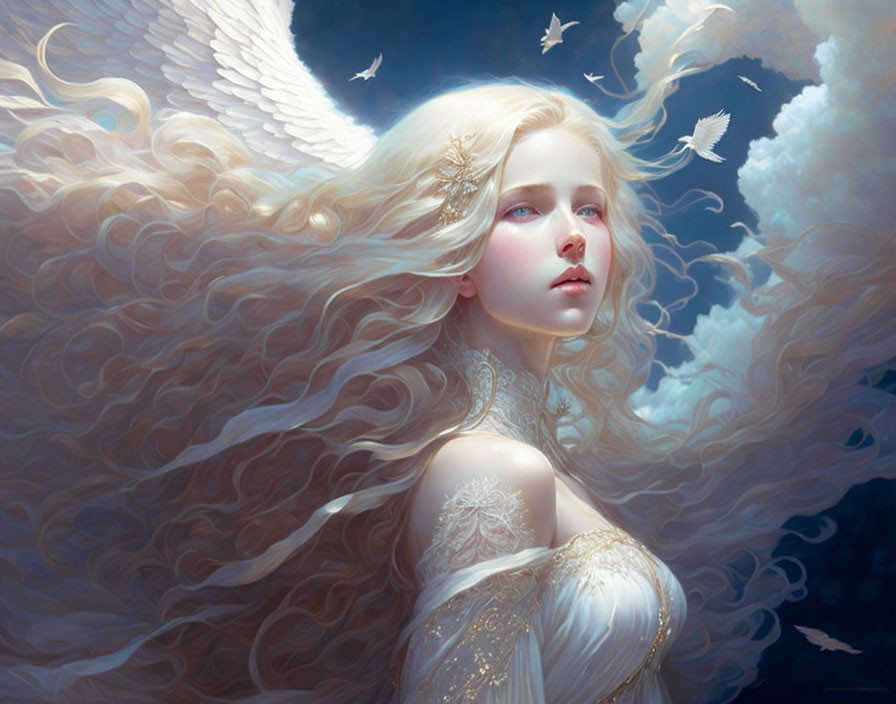 Ethereal woman with angelic wings and golden hair in heavenly setting