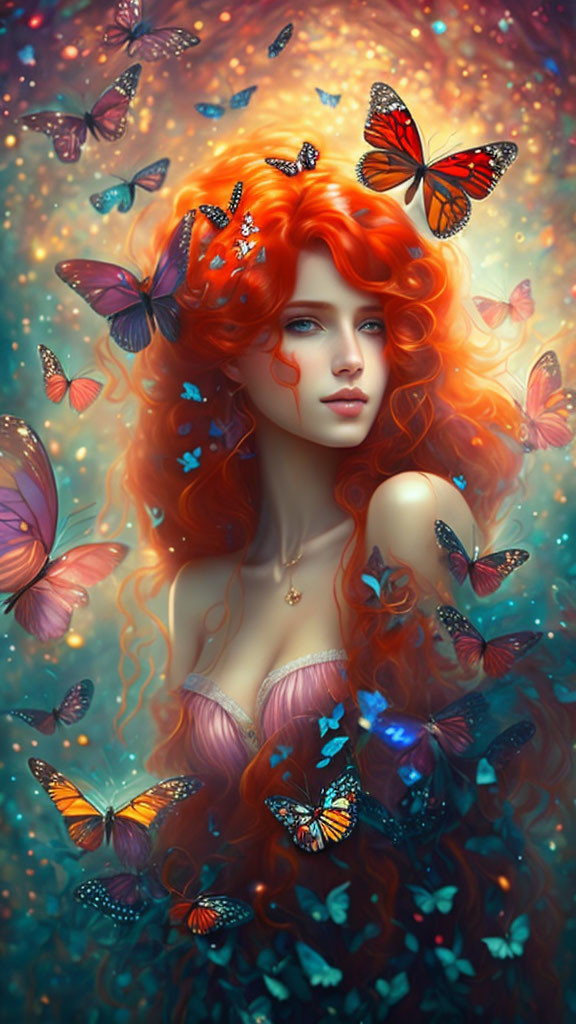 Vibrant red-haired woman with colorful butterflies on glowing blue background