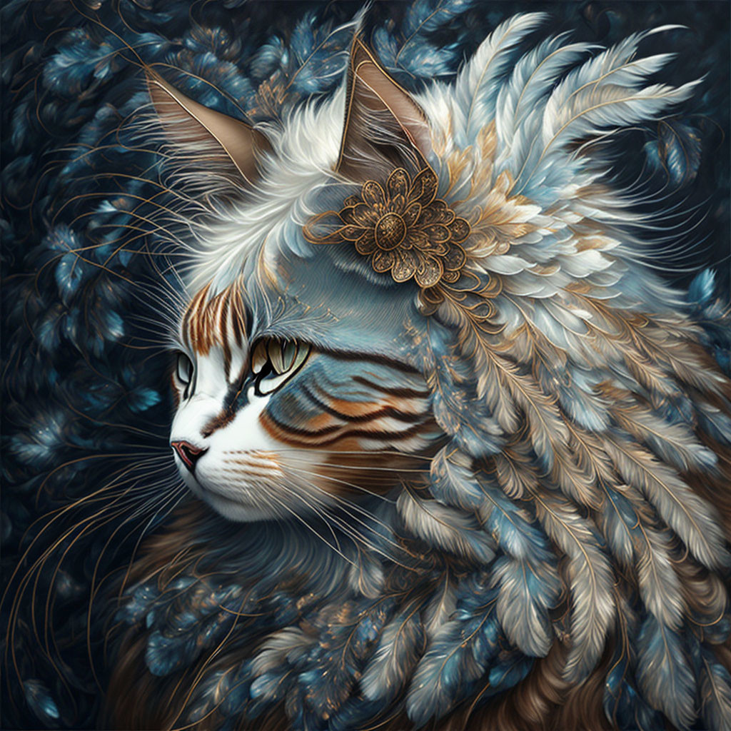 Fantasy illustration of a cat in white and brown fur with feather headdress and golden ornament