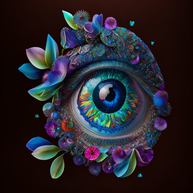 Colorful eye with floral and peacock feather patterns on dark background