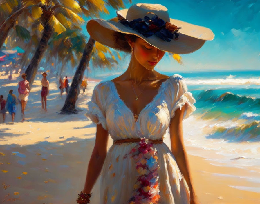 Woman in White Dress and Wide-Brimmed Hat on Sunny Beach