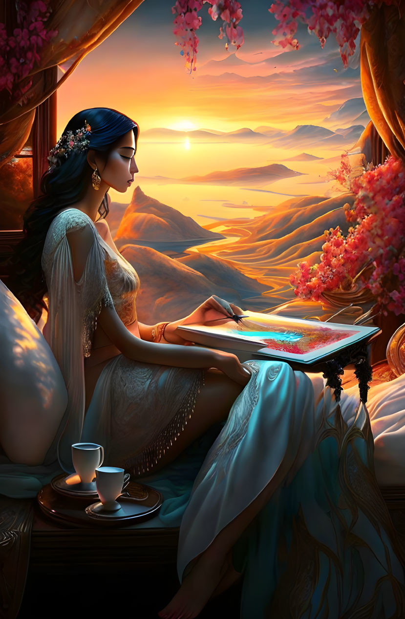 Woman painting at balcony during vibrant sunset.