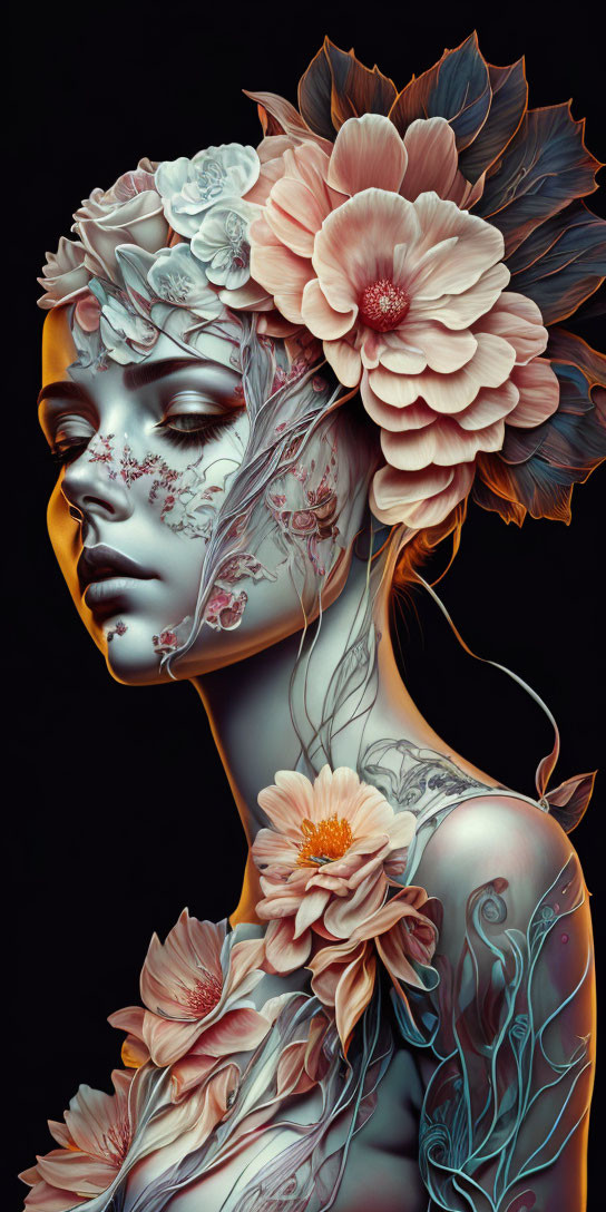 Woman adorned with floral elements and botanical tattoos in artistic representation.