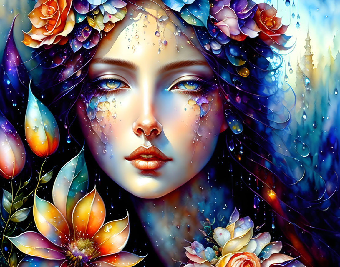 Vibrant digital painting of serene woman with floral and cosmic elements