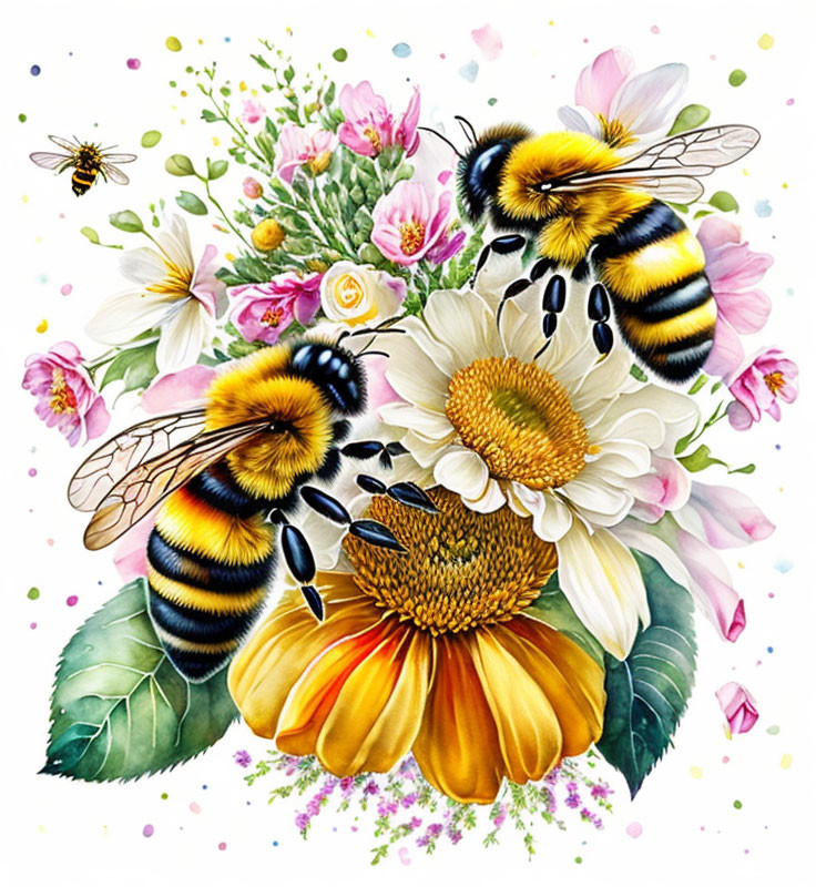 Vibrant bumblebee and flower bouquet illustration with detailed backdrop