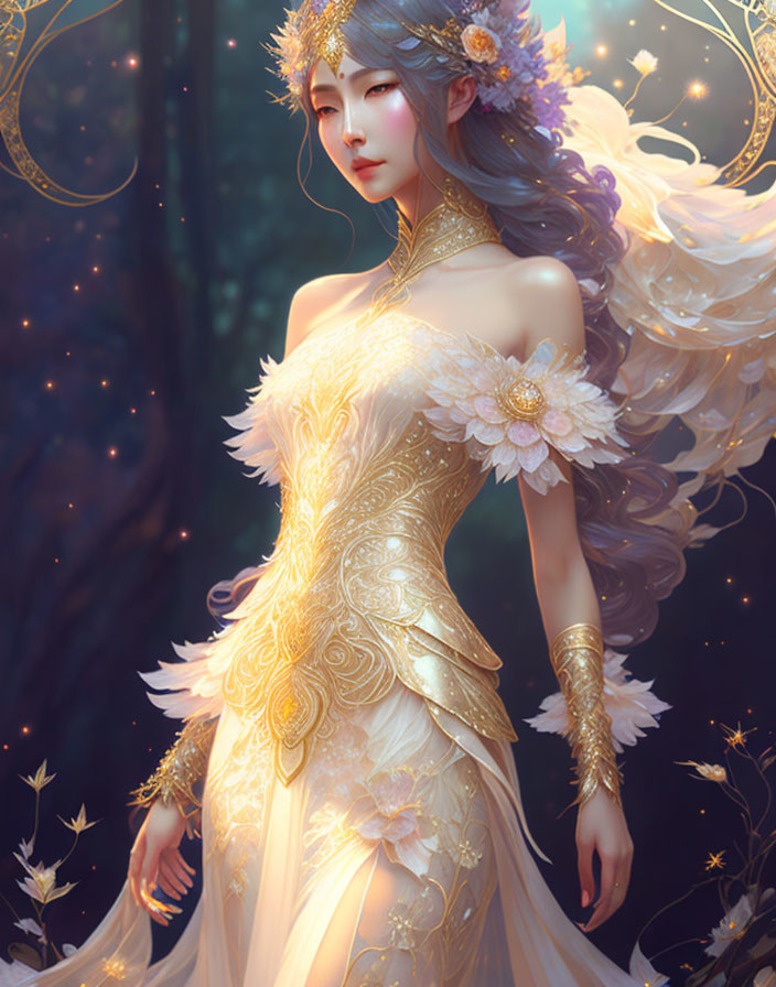 Ethereal woman in gold and white attire with floral elements and glowing lights