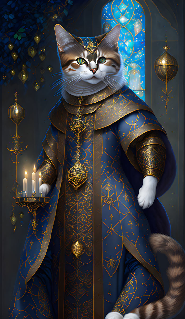 Regal cat illustration in ornate robes with mask and candlestick on stained glass backdrop.