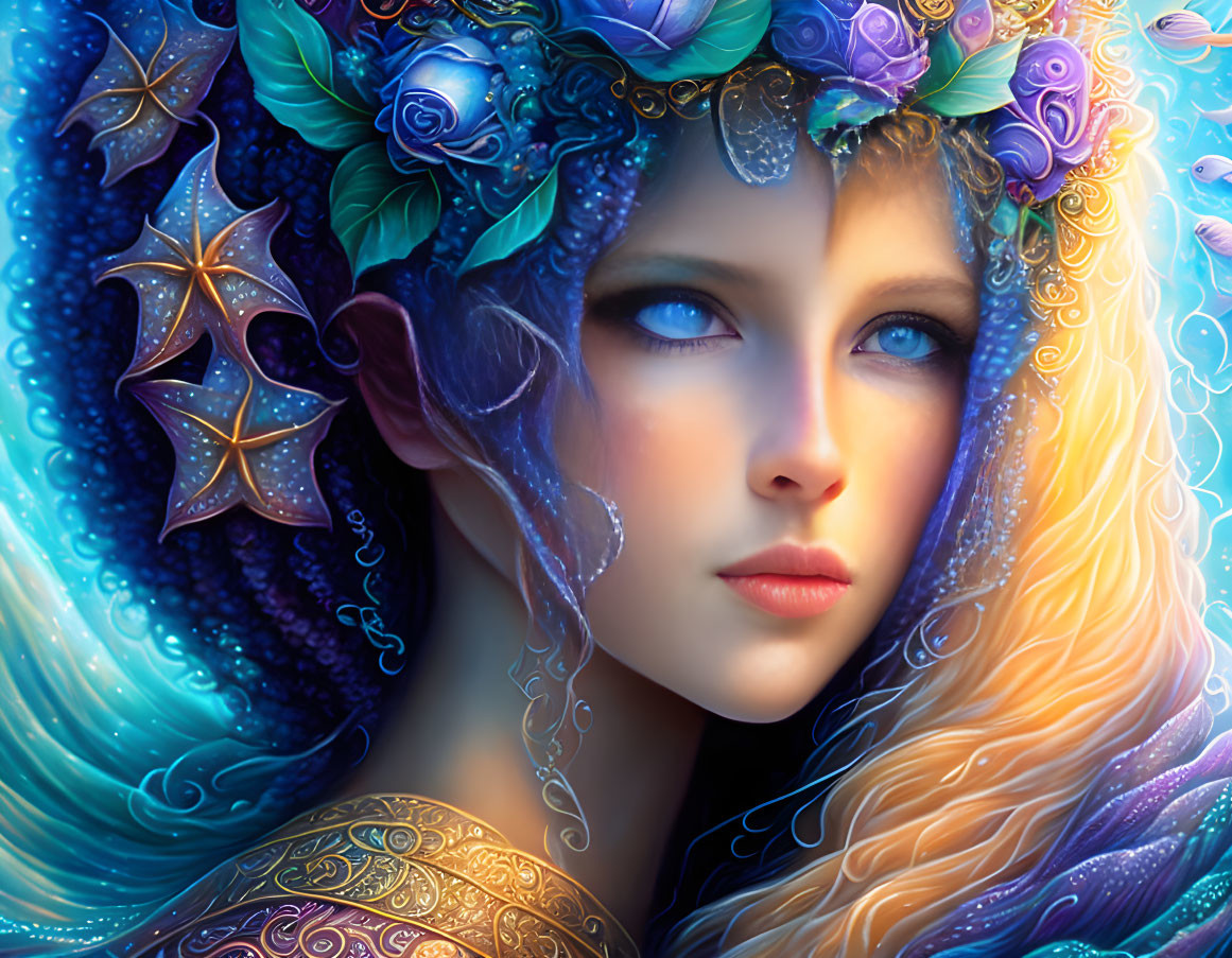 Fantasy portrait of a woman with blue eyes, surrounded by flowers and stars