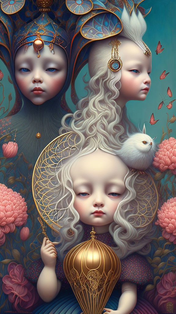 Ethereal figures with ornate headpieces in surreal digital painting